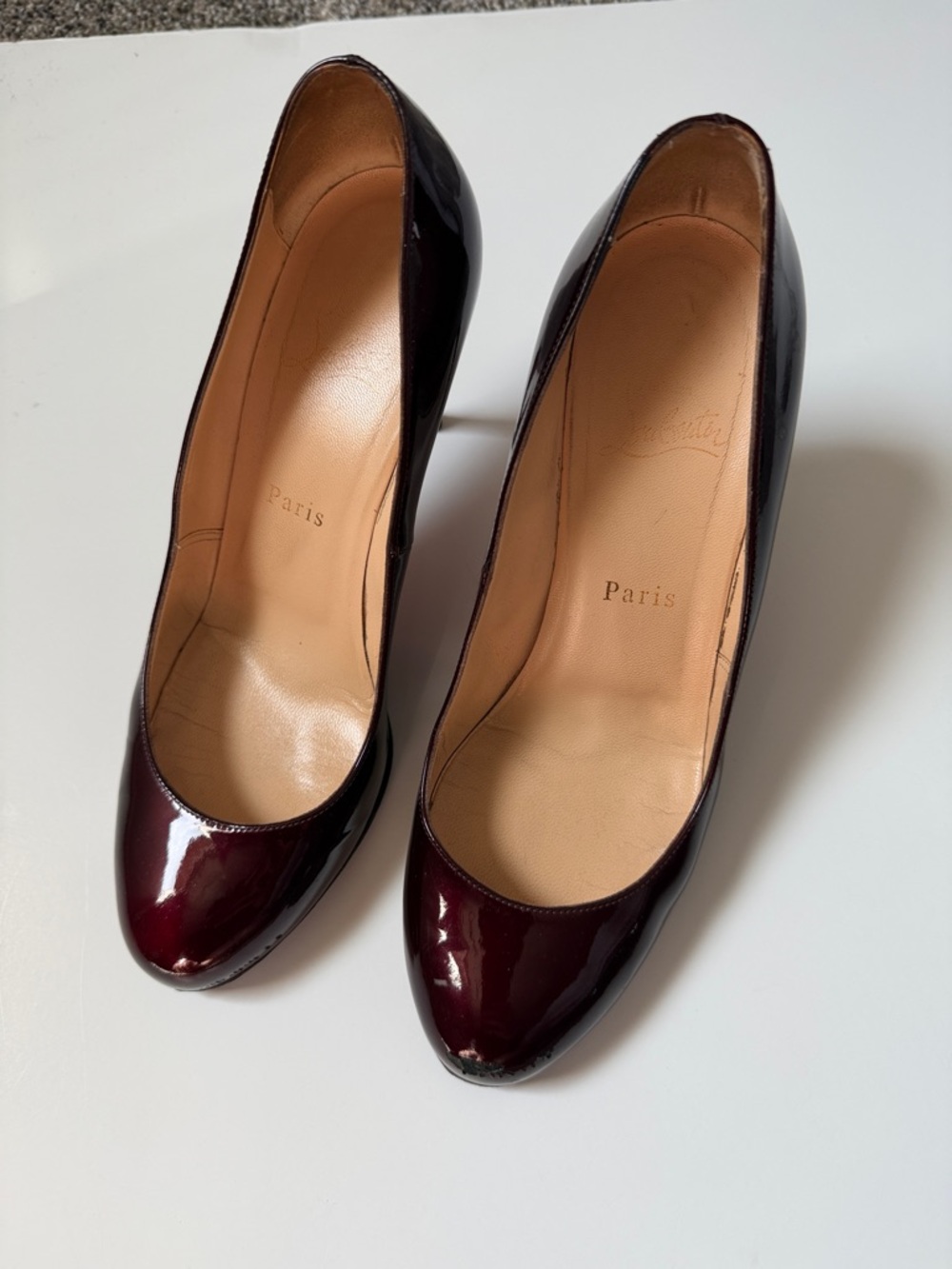 Christian Louboutin Burgundy Patent Round-Toe Pumps